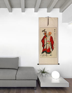 God of Longevity Holding Peach - Chinese Scroll living room view