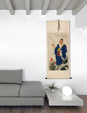 Wise Old Man Fishing Wall Scroll living room view