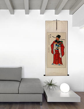 God of Affluence - Lu Xing - Chinese Good Luck Wall Scroll living room view