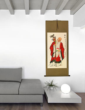 Longevity Saint Holding Peach - Chinese Scroll living room view