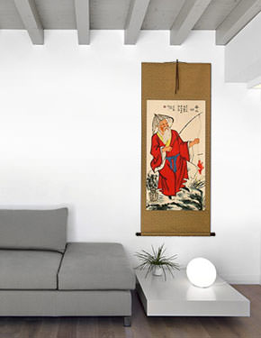 Old Man Fishing Fun Chinese Scroll living room view