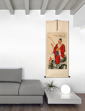 Honest Old Man Fishing Wall Scroll living room view