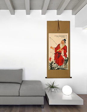 Old Man Fishing - Chinese Scroll living room view