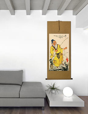 Respected Old Man Fishing Wall Scroll living room view