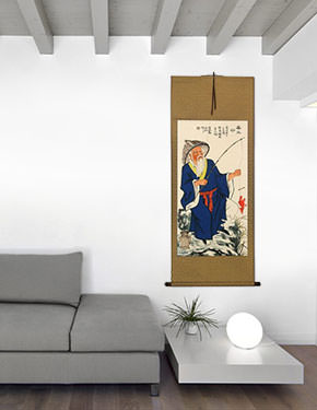 Old Wise Man Fishing Wall Scroll living room view