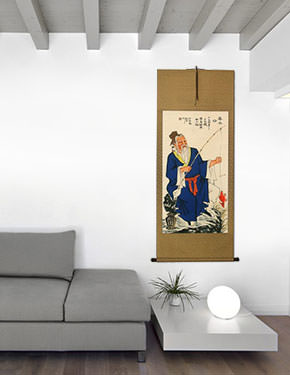 Revered Old Man Fishing Wall Scroll living room view