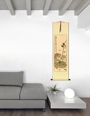 Lotus Beauty in Misty Morning Pond - Wall Scroll living room view