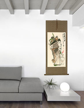 Benevolent and Brave Warrior Guan Gong - Chinese Scroll living room view