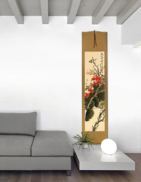 Golden Autumn Rhythm - Bird and Flower Wall Scroll living room view