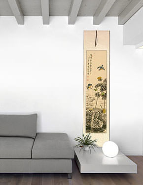 Kingfisher Birds in Lotus Pond - Wall Scroll living room view
