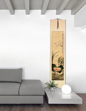 Lily Pond - Fragrant Lotus - Egret Birds and Lotus Flowers Wall Scroll living room view