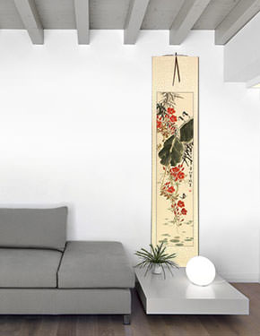 Birds, Butterfly, Morning Glory Flowers, Bamboo - Chinese Scroll living room view