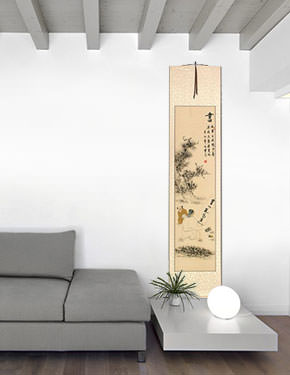 Noble Man Writing Calligraphy - Wall Scroll living room view