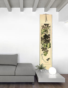 Great Harvest - Birds and Grapes - Chinese Scroll living room view