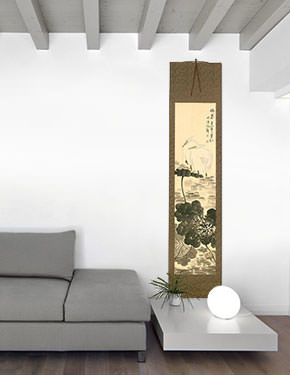 Melancholy - Egret Birds and Flower Wall Scroll living room view