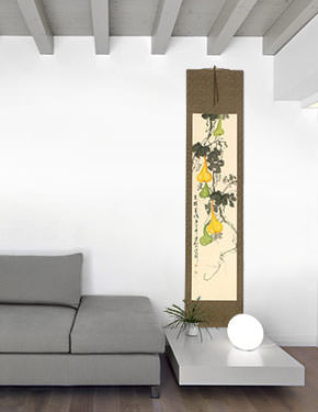 Gourd Vine and Birds - Chinese Scroll living room view