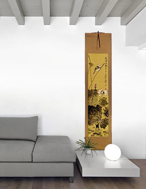 Bird in Perched over Lotus Pond - Chinese Scroll living room view