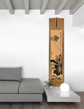 Kingfisher Bird in Alighting on Lotus Flower - Chinese Scroll living room view