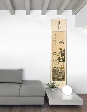 Kingfisher Birds in Autumn Lotus Pond - Chinese Scroll living room view