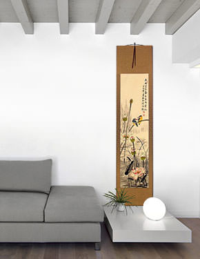 Kingfisher Birds Above the Lotus Pond - Wall Scroll living room view