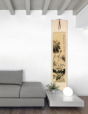 Autumn Rain - Lotus Flower and Egret Birds Wall Scroll living room view