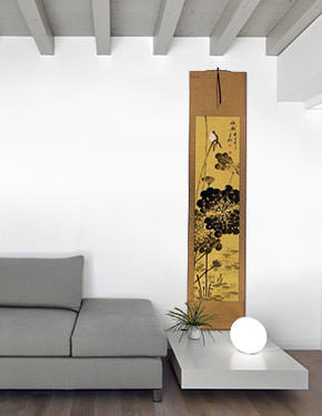 Beautiful Feeling - Bird Perched on Lotus Flowers Wall Scroll living room view