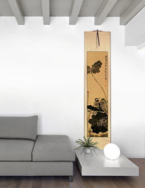 Kingfisher Bird in Perched on Lotus - Wall Scroll living room view