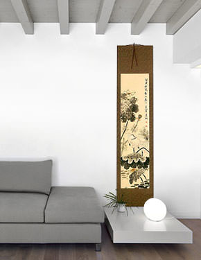 Autumn Rain - Egret Birds and Lotus Flower Wall Scroll living room view