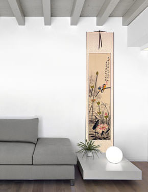 Kingfisher Birds Amidst Lotus Flowers - Wall Scroll living room view