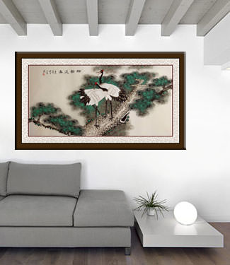 Pine Tree and Cranes Longevity - Large Painting living room view