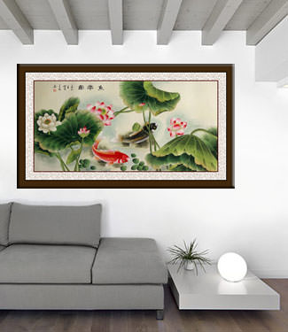 Koi Fish Having Fun in the Lotus Flowers - Large Painting living room view