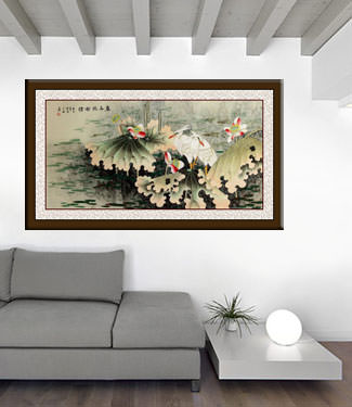 Egrets and Lotus Flowers - Eternal Love - Large Painting living room view