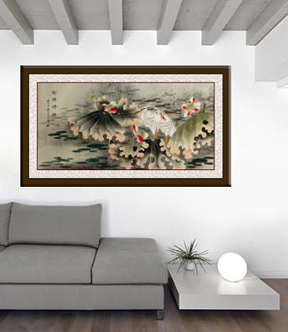 Sentimental Egrets in the Lotus Pond - Large Painting living room view