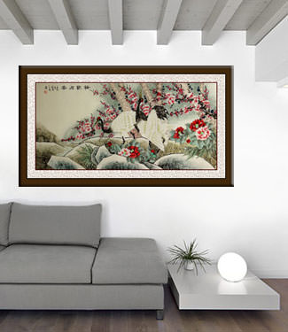 Asian Cranes with Plum Blossoms Peony Flowers - Large Painting living room view