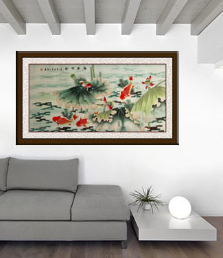 Year In, Year Out, Have Riches - Koi Fish and Lotus Flowers - Large Painting living room view