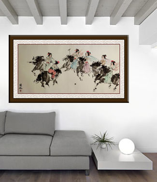 Old Chinese Horseback Polo - Large Painting living room view