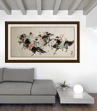 Classic Chinese Horseback Polo - Large Painting living room view