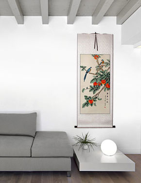 Bird and Persimmon - The Golden Autumn - Chinese Scroll living room view