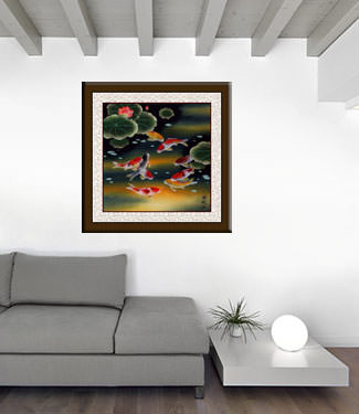 Nine Koi Fish and Lotus Flowers Painting living room view