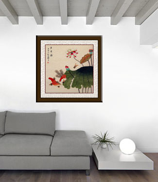 Koi Fish Having Fun in the Lotus Flowers - Oriental Painting living room view