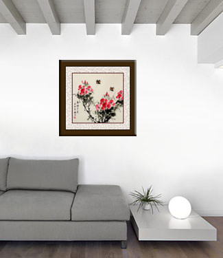 Chinese Bird and Pink Flower Painting living room view