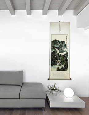 Chinese Waterfall Landscape Wall Scroll living room view