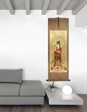 Image of Guanyin Buddha - Partial-Print Wall Scroll living room view