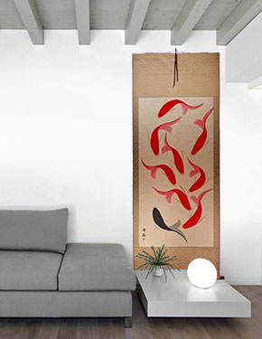 Large Nine Abstract Fish Wall Scroll living room view