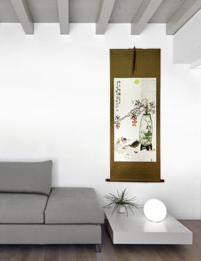 Traditional Antique-Style Plum Blossom Still Life - Large Wall Scroll living room view