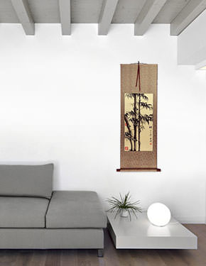 Asian Bamboo on Copper Brocade Wall Scroll living room view