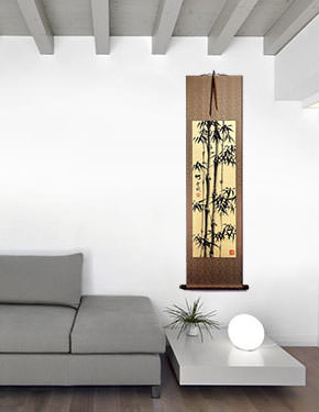 Black Ink Chinese Bamboo Wall Scroll living room view