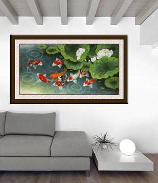 Koi Fish and Lillies Feeding Time Painting living room view