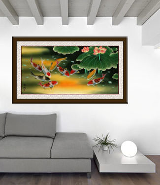 Huge Koi Fish and Lily Painting living room view