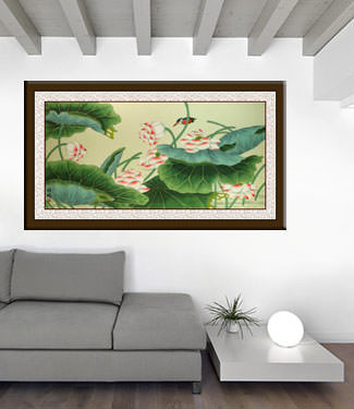 Little Bird and Beautiful Lotus Painting living room view